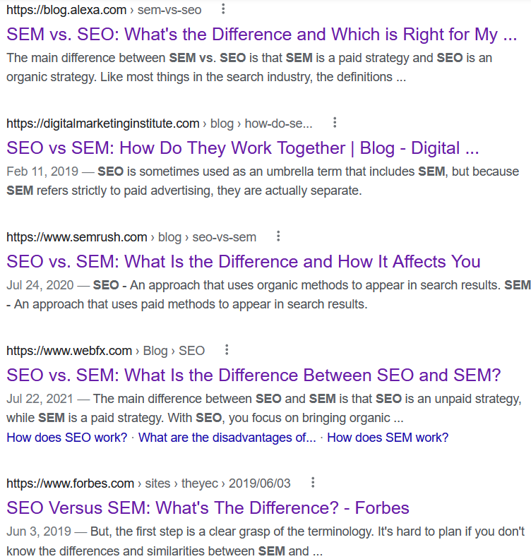 seo vs sem - serp example