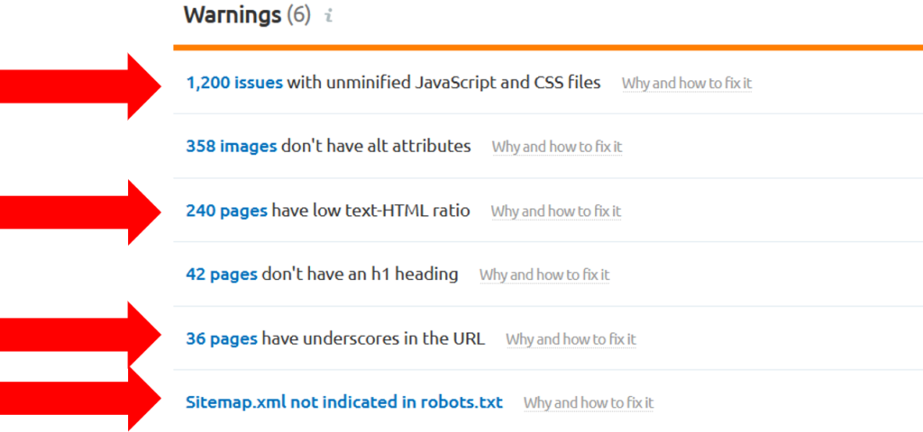 technical issues found in a webstie audit