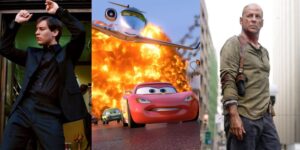 A split image of Tobey Maguire, Lightning McQueen, and John McClane
