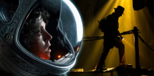 a split image from the movies Alien and Indiana Jones