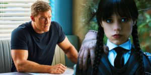 a split image of Reacher and Wednesday TV shows